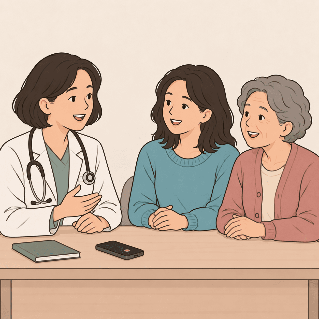 환자와 의료진 사이의 건강 대화를 표현한 일러스트